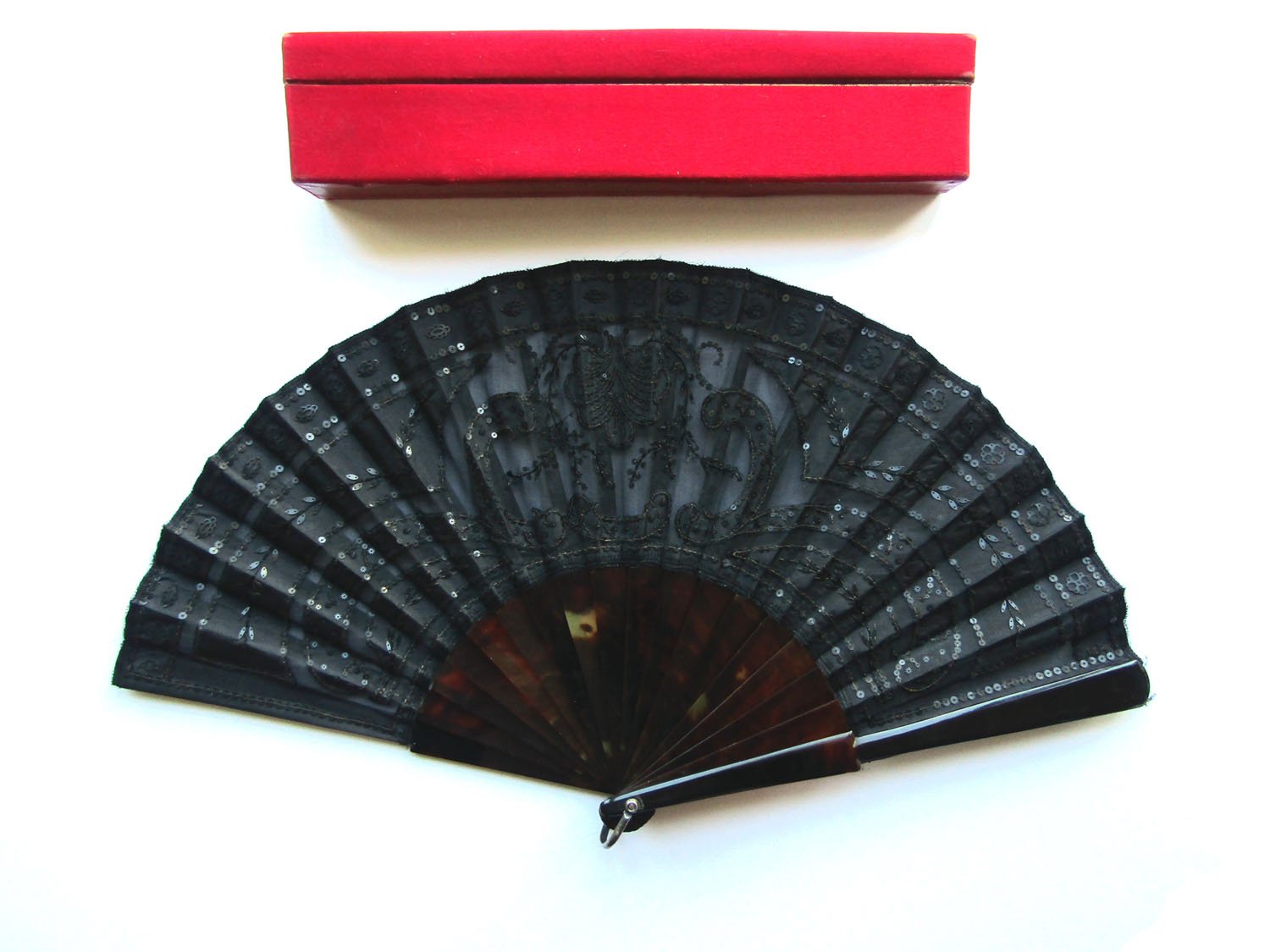 Duvelleroy Sequined Black Silk Tortoiseshell Fan