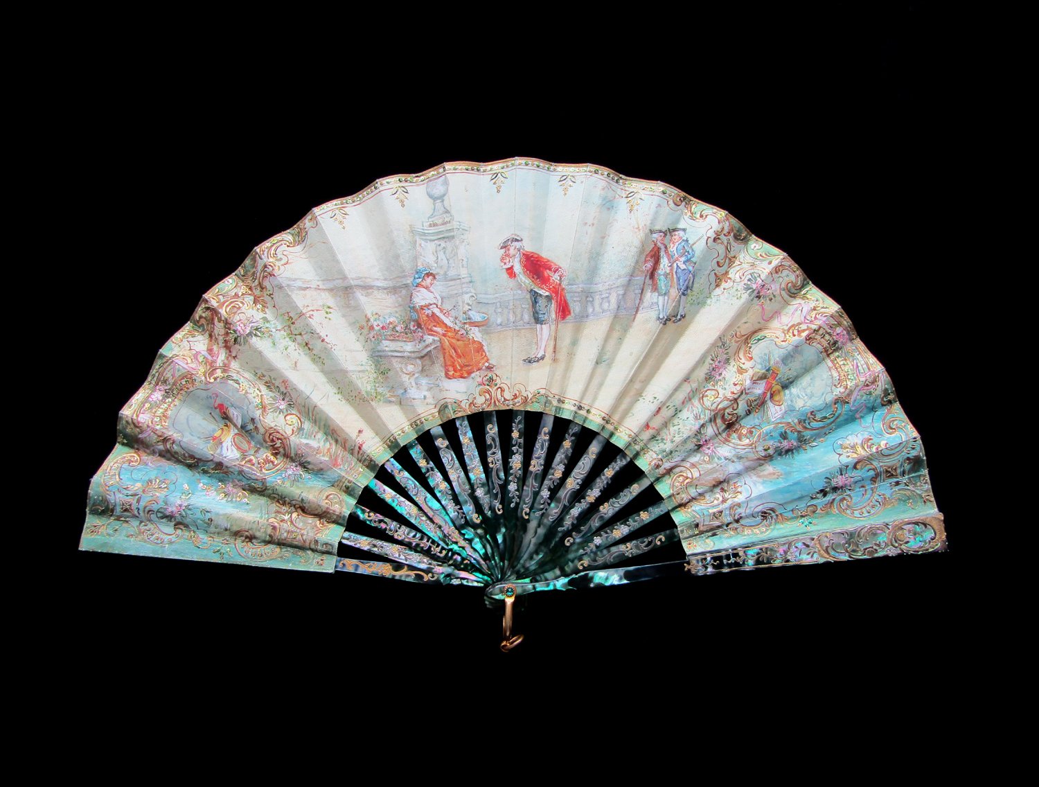 RESERVED FOR K Glorious Hand Painted Green Mother of Pearl Fan